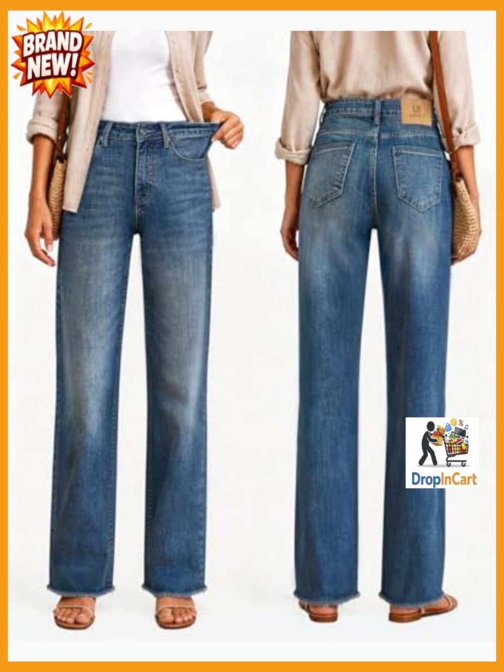 High Waisted Straight Leg Jeans Stretchy Loose Fit Tummy Control Raw Hem Denim - Picture 2 of 7